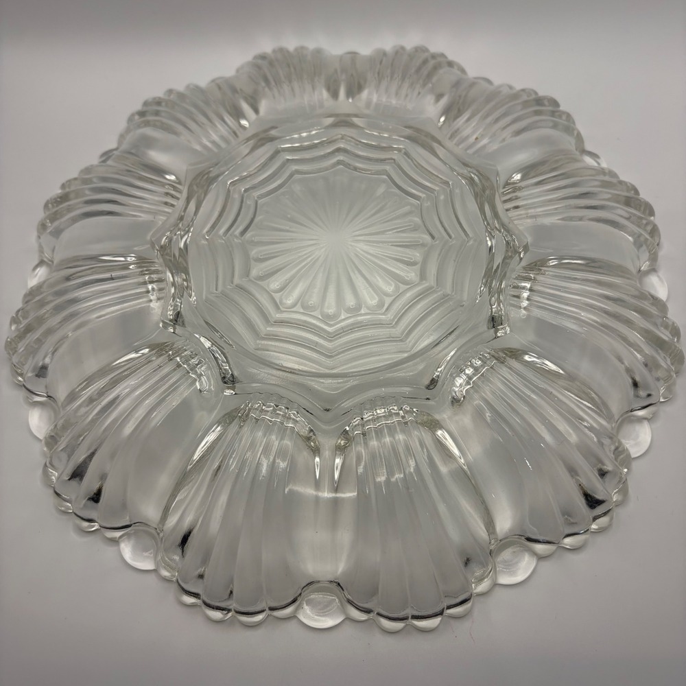 Vintage Clear Glass Deviled Egg Platter Scalloped Shell Design 9 Inch Round Tray - Picture 3 of 6